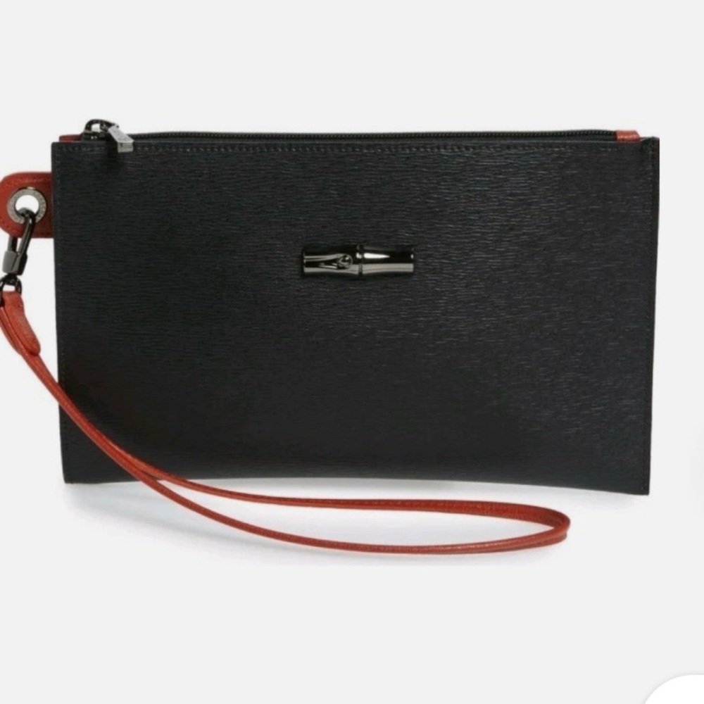 Longchamp Black Wristlet Clutch with Brown/Red Strap